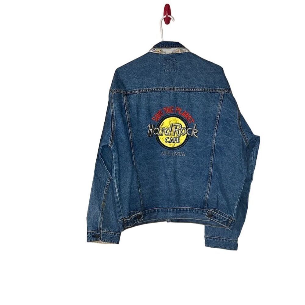 Hard Rock Cafe Vintage Denim Bomber Jacket Men's XL Blue Embroidered Button-Up